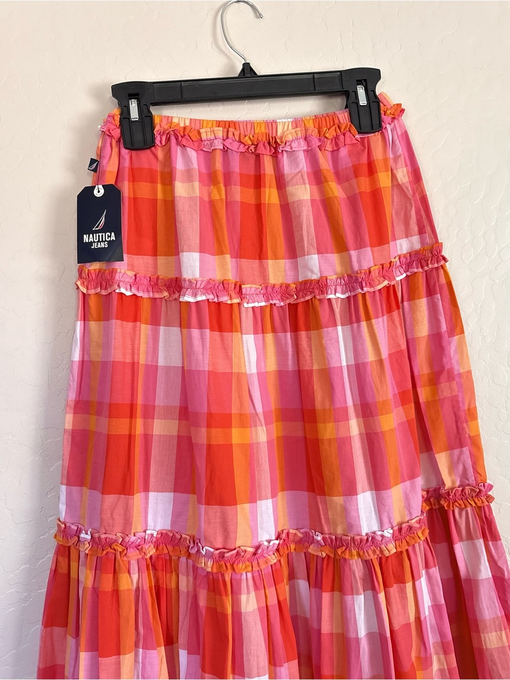 Nautica Women’s Cotton Plaid Ruffle Trim Tiered Maxi Skirt Pink Orange XS NWT - Picture 6 of 7